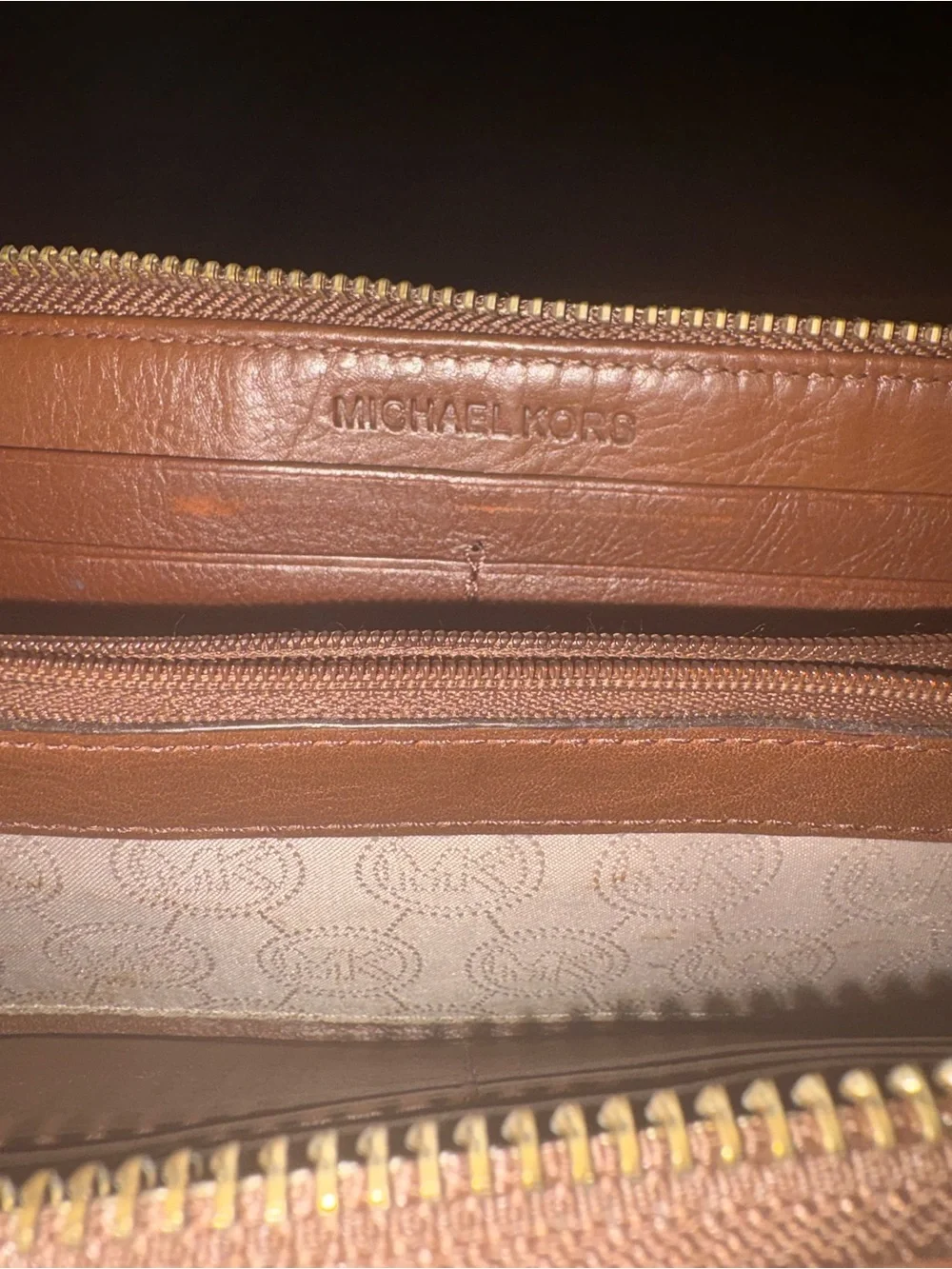 Michael Kors Tan and Brown MK Signature Zip Wallet with Gold Plate